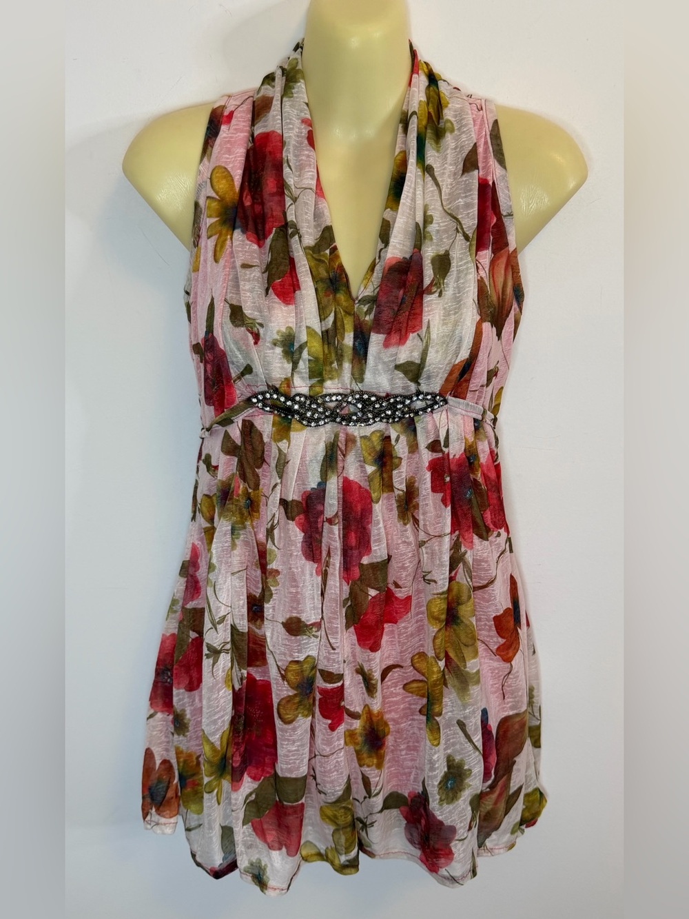 Sexy Silk Floral Pink Halter Top with Embellished Waist